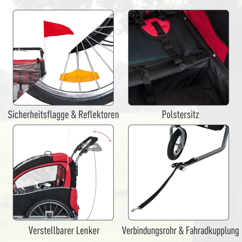 HOMCOM 2-in- kinderkar fietsaanhanger jogger fietskar 360° draaibaar rood-zwart