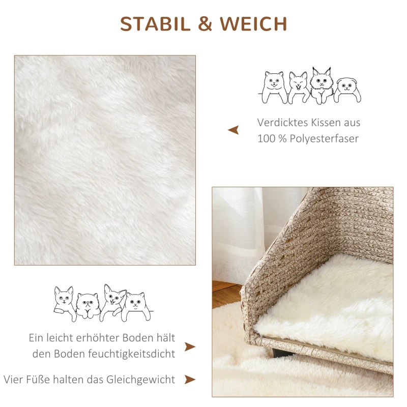 PawHut hondenmand met kussen vier voeten hondenmand gevlochten rotan stijl kattenmand hondenbank metaal polyester PE rotan lichtgrijs + wit 70,5 x 40 x 37,5 cm