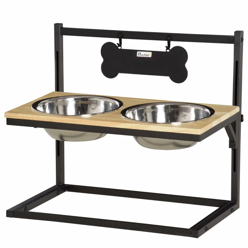 PawHut erhöhter Hundenapf höhenverstellbar Doppelnapf Futternapf mit Stahlnäpfen Haustier Fressnapf Kiefernholz Schwarz 58 x 32 x 50 cm