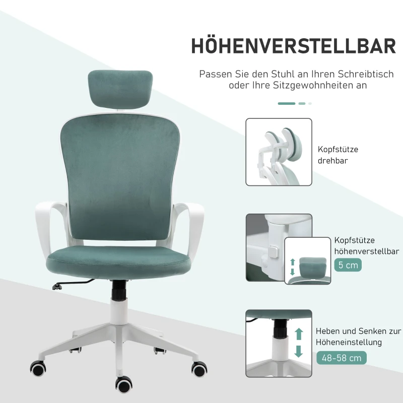 Vinsetto Bürostuhl mit Wippfunktion höhenverstellbarer Computerstuhl ergonomischer Drehstuhl mit Armlehne Kopfstütze Samtoptik 63 x 64 x 118-128 cm Türkis