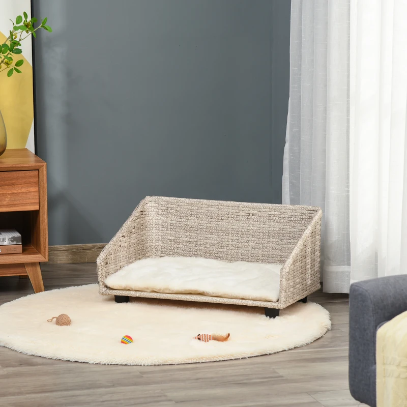 PawHut hondenmand met kussen vier voeten hondenmand gevlochten rotan stijl kattenmand hondenbank metaal polyester PE rotan lichtgrijs + wit 70,5 x 40 x 37,5 cm