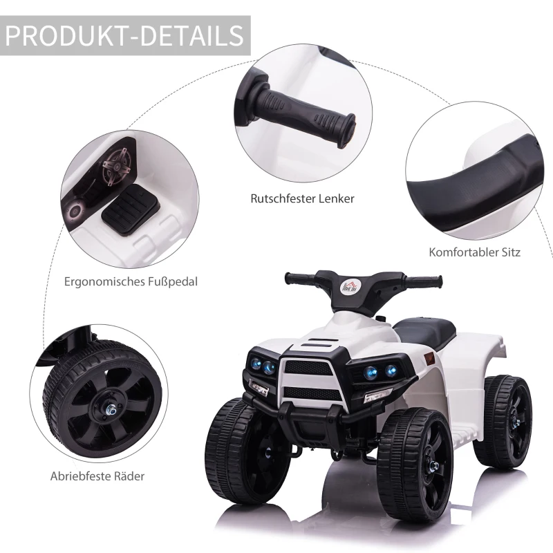 HOMCOM elektrische quad ATV kinderwagen voor 18 tot 36 maanden elektrische motorfiets met 2 koplampen elektrische quad strandauto vorm PP staal zwart + wit 65 x 40 x 43 cm(m-5)