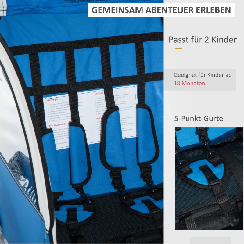 HOMCOM 2-in- kinderkar fietskar Jogger fietsaanhanger 360° draaibaar blauw-wit