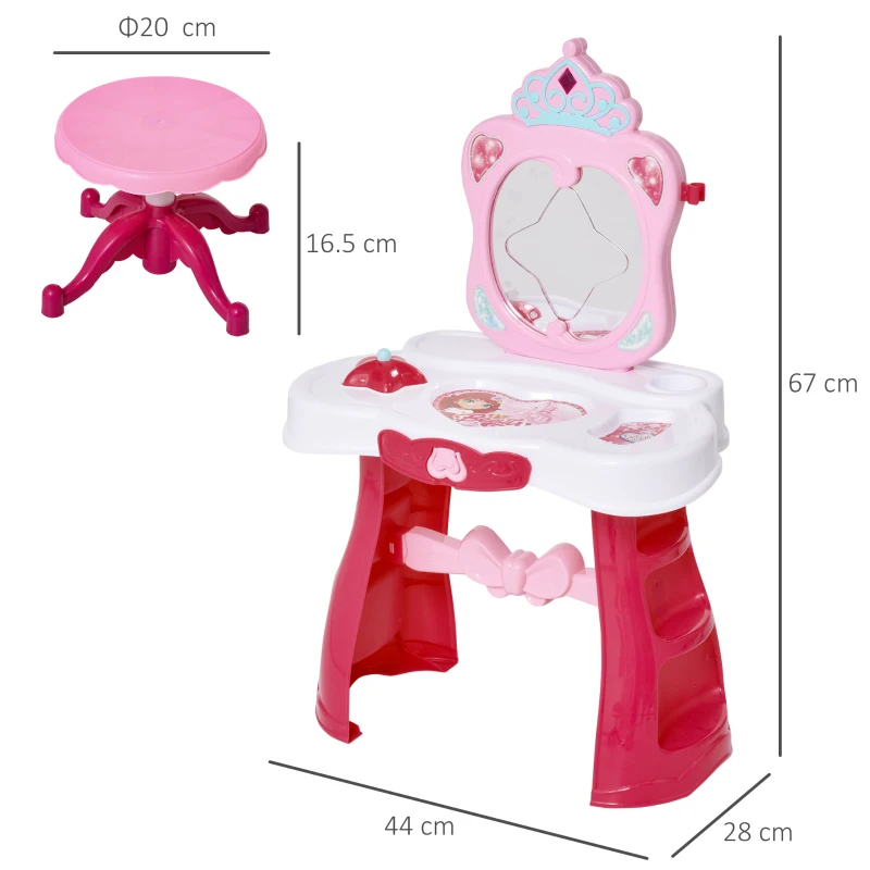 HOMCOM Postazione Trucco Giocattolo per Bambine con Sgabello, Luci, Suoni e Accessori, 44x28x67 cm, Bianca e Rosa