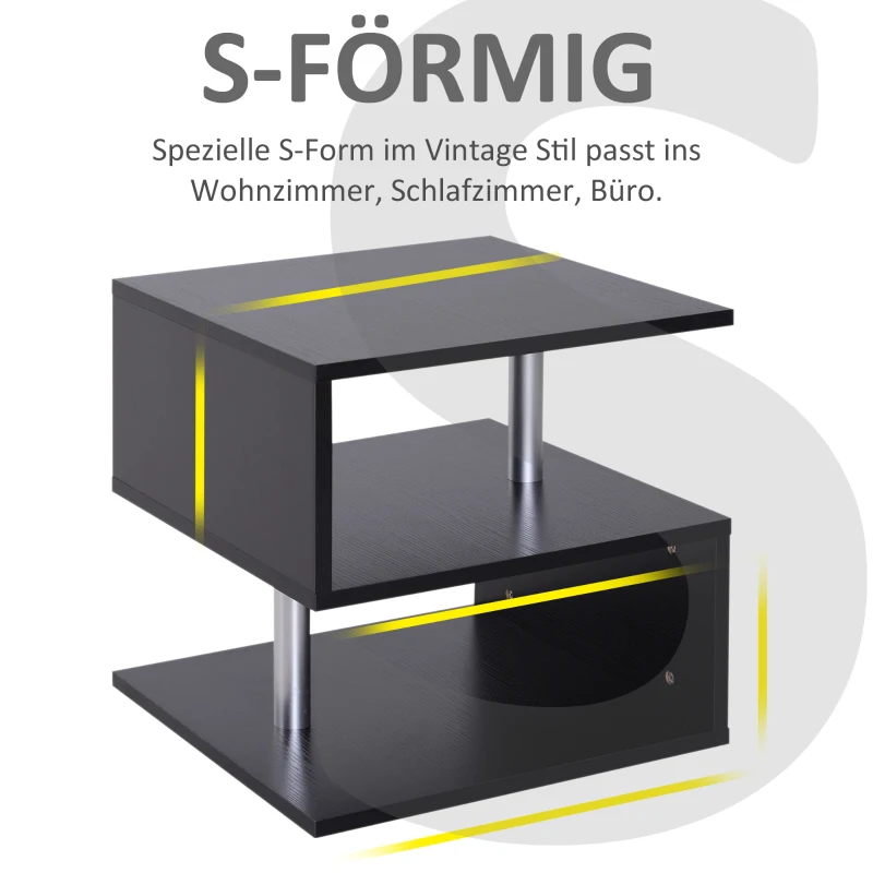 HOMCOM Beistelltisch Couchtisch Wohnzimmertisch Sofatisch Quadrater Kaffeetisch Nachttish mit Stauraum S-Form 3 Fach Spanplatte Stahl Schwarz 48 x 48 x 48 cm