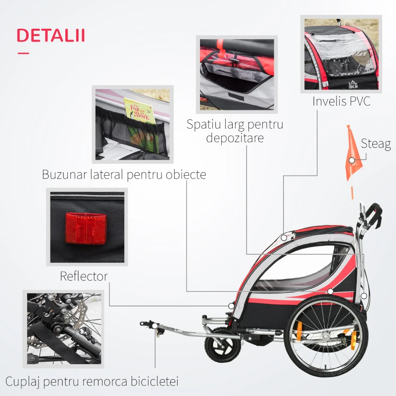 HOMCOM Remorca pentru bicicleta pentru copii 2 in 1, centura in 5 puncte, geanta de depozitare, reflector, steag, Rosu(m-7)