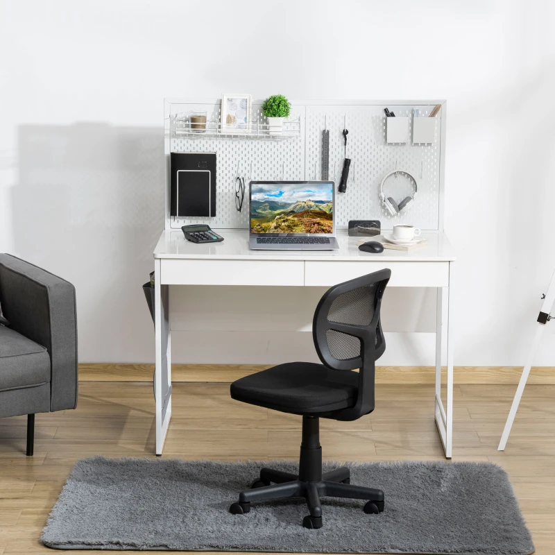 HOMCOM Computertisch mit 2 Schubladen, inkl. Notizgitter, 10 Haken, 1 Seitentasche, Weiß + Grau