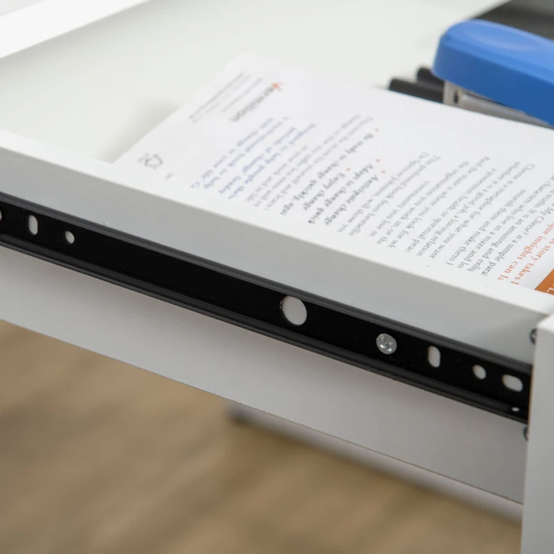 HOMCOM Computertisch mit 2 Schubladen, inkl. Notizgitter, 10 Haken, 1 Seitentasche, Weiß + Grau