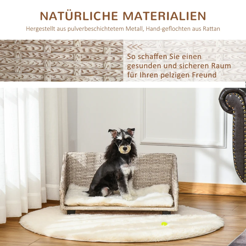 PawHut hondenmand met kussen vier voeten hondenmand gevlochten rotan stijl kattenmand hondenbank metaal polyester PE rotan lichtgrijs + wit 70,5 x 40 x 37,5 cm