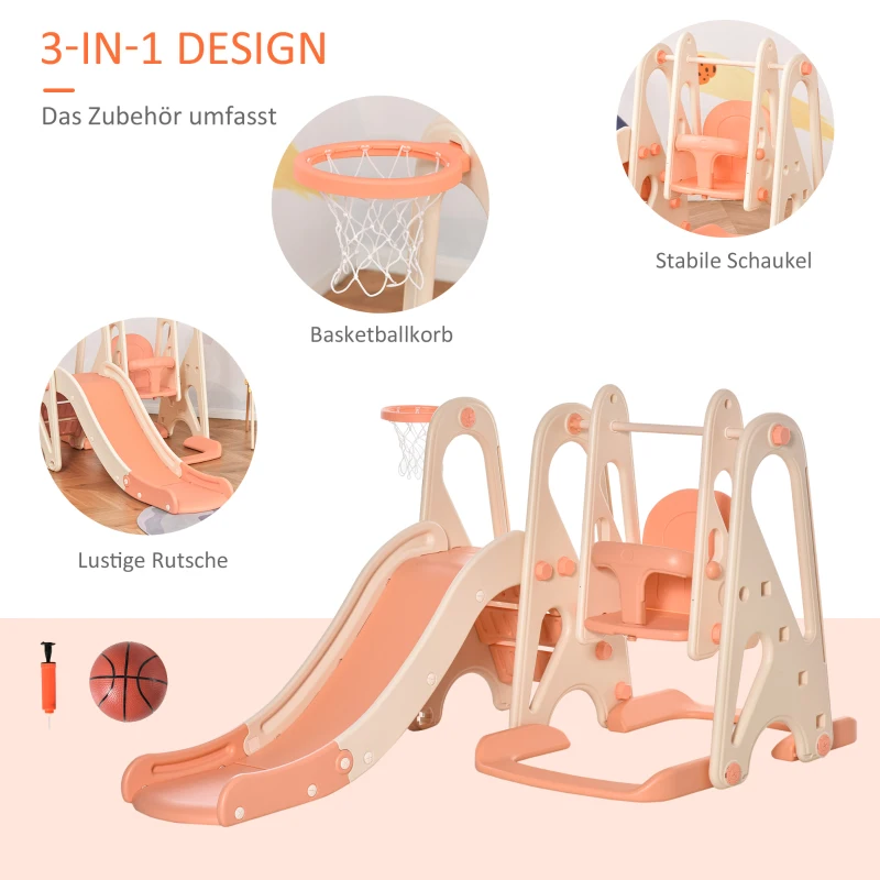 HOMCOM 3-in-1 kinderglijbaan kinderglijbaan met basketbalring, schommel, ladder speelgoedglijbaan tuinglijbaan babyglijbaan voor 18 maanden 5 jaar voor binnen en buiten veilig PE roze + beige 158x117x97 cm