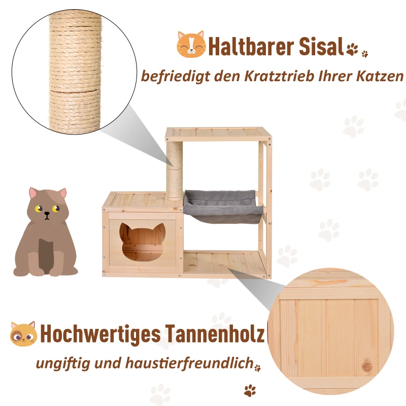 PawHut® Wielofunkcyjny Domek Skrzynka dla Kota Drapak Hamak Słupek Sizalowy Drewno Jodłowe Naturalny