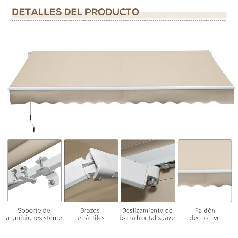 Outsunny Toldo Manual Plegable 3.5x2.5m de Aluminio Toldo Balcón Patio Terraza con Manivela Resistente al Agua Protección Solar UV para Jardín Exterior Beige