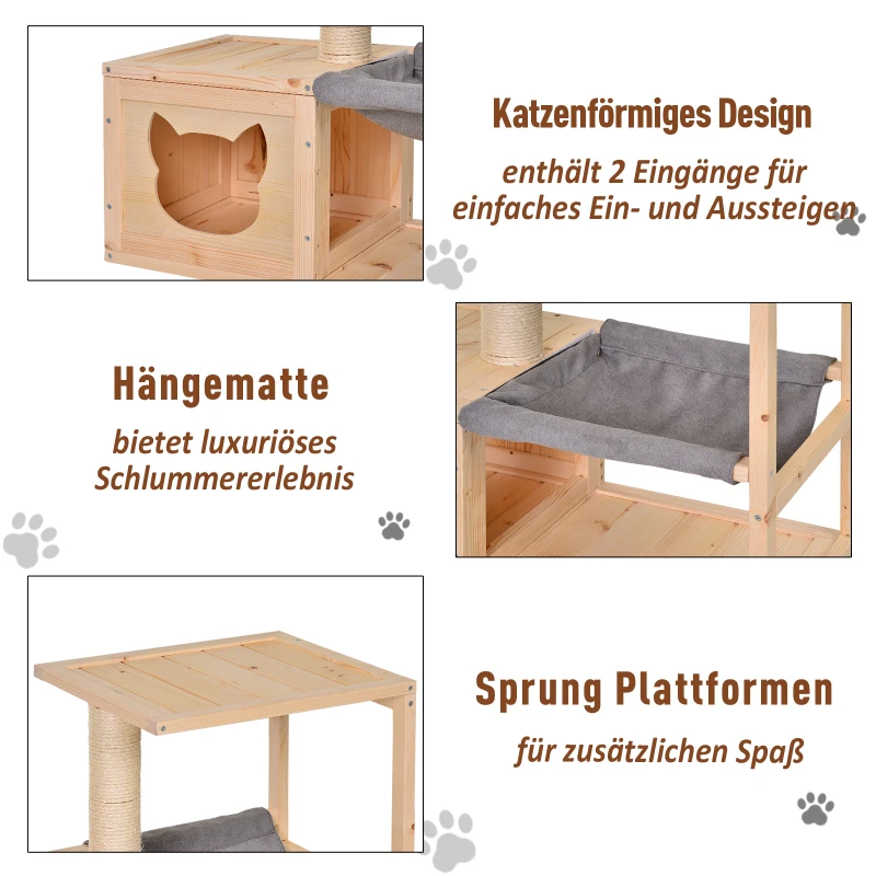 PawHut® Wielofunkcyjny Domek Skrzynka dla Kota Drapak Hamak Słupek Sizalowy Drewno Jodłowe Naturalny