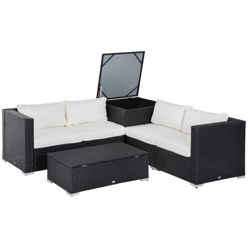 Outsunny Set Mobilier De Gradina 6 Piese Modulare din Ratan PE, Salon de Exterior cu 4 Fotolii Capitonate si 2 Masute Depozit, Negru si Crem