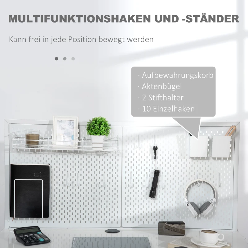 HOMCOM Computertisch mit 2 Schubladen, inkl. Notizgitter, 10 Haken, 1 Seitentasche, Weiß + Grau