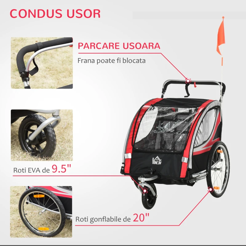 HOMCOM Remorca pentru bicicleta pentru copii 2 in 1, centura in 5 puncte, geanta de depozitare, reflector, steag, Rosu(m-5)