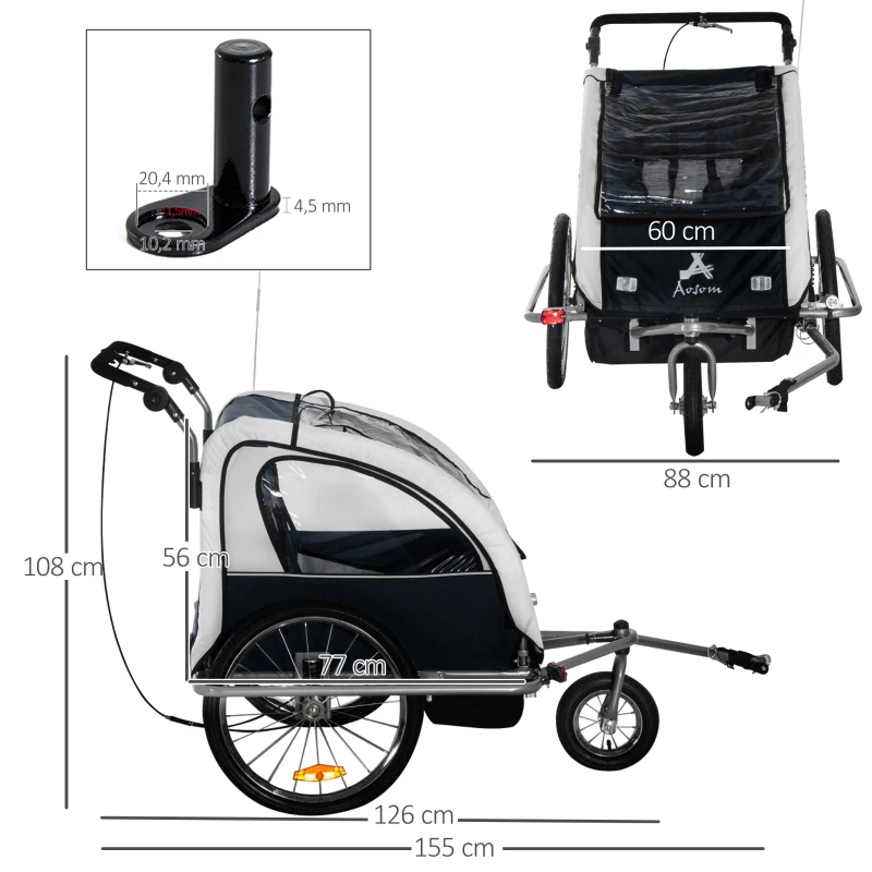 HOMCOM Kinderanhänger Fahrradanhänger Regenschutz atmungsaktiv Weiß+Schwarz Stahlrohr Oxford 155 x 88 x 108 cm