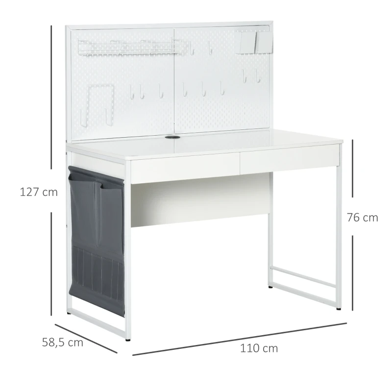 HOMCOM Computertisch mit 2 Schubladen, inkl. Notizgitter, 10 Haken, 1 Seitentasche, Weiß + Grau
