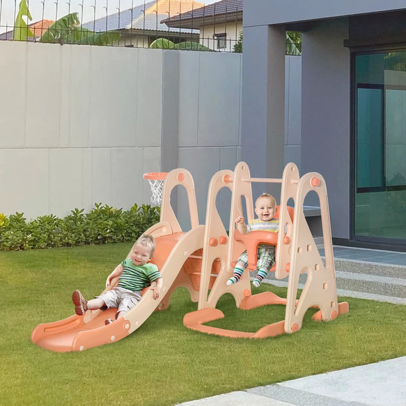 HOMCOM 3-in-1 kinderglijbaan kinderglijbaan met basketbalring, schommel, ladder speelgoedglijbaan tuinglijbaan babyglijbaan voor 18 maanden 5 jaar voor binnen en buiten veilig PE roze + beige 158x117x97 cm
