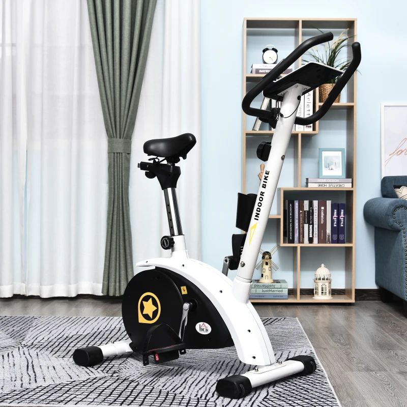 HOMCOM Heimtrainer, Fahrradtrainer, Trimmrad mit 8 stufig einstellbarem Magnetwiderstand, 4 kg Schwungrad, Stahl, Weiß, 50 x 101 x 120 cm