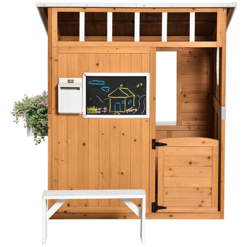 Outsunny Casuta Lemn Copii 122×108×135,5 cm – Galben cu Usa, Fereastra & Banca(m-10)