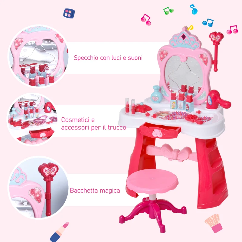 HOMCOM Postazione Trucco Giocattolo per Bambine con Sgabello, Luci, Suoni e Accessori, 44x28x67 cm, Bianca e Rosa