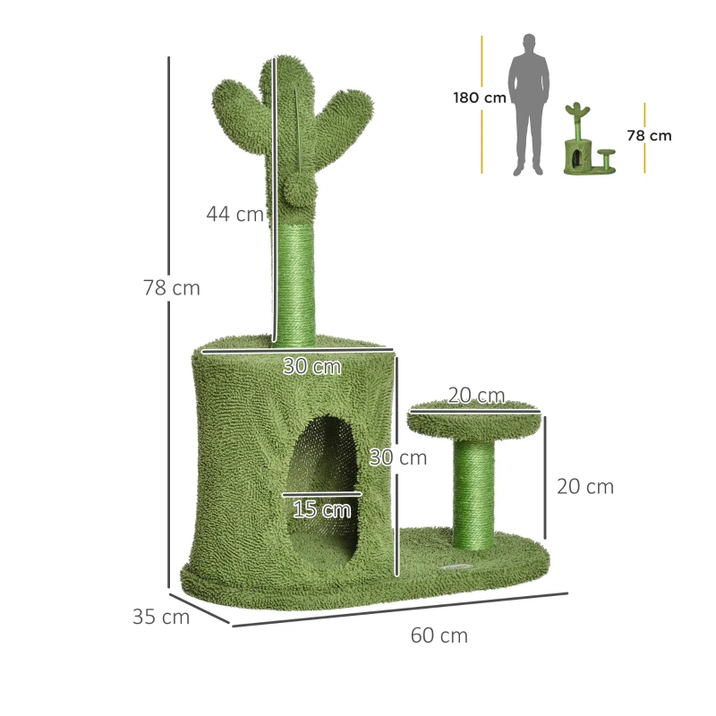 PawHut Arbore de Zgariat pentru Pisici pana la 4,5 kg in Forma de Cactus cu Mingii si Culcus, 60x35x78cm - Verde