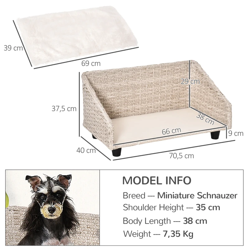 PawHut hondenmand met kussen vier voeten hondenmand gevlochten rotan stijl kattenmand hondenbank metaal polyester PE rotan lichtgrijs + wit 70,5 x 40 x 37,5 cm
