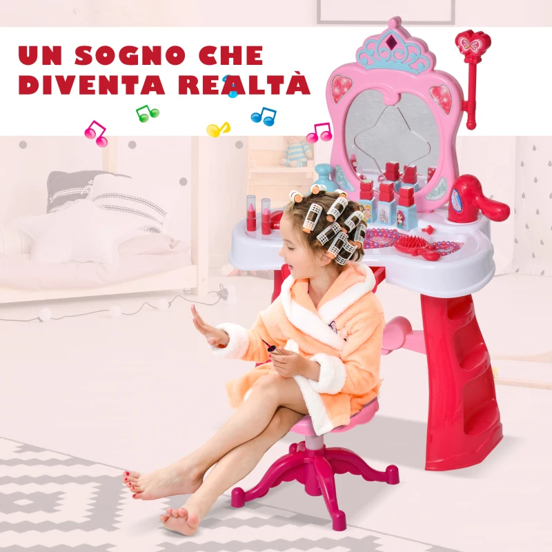 HOMCOM Postazione Trucco Giocattolo per Bambine con Sgabello, Luci, Suoni e Accessori, 44x28x67 cm, Bianca e Rosa