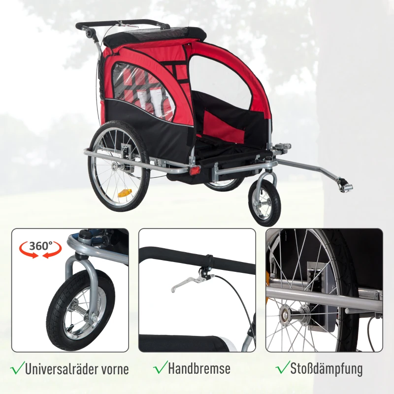 HOMCOM 2-in- kinderkar fietsaanhanger jogger fietskar 360° draaibaar rood-zwart