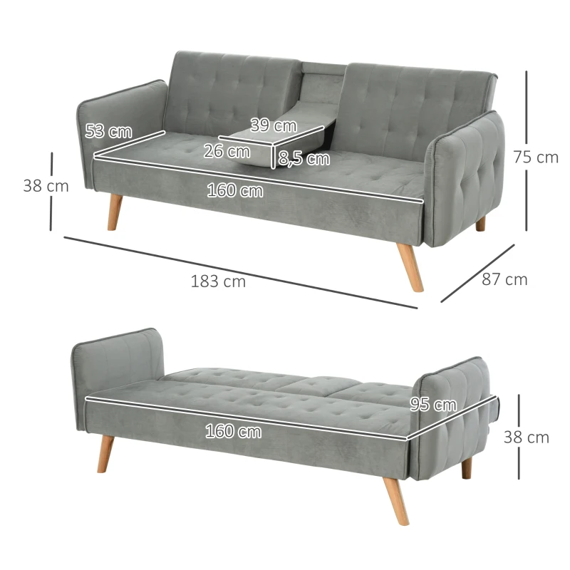 HOMCOM 2-1 Design Schlafsofa Klappsofa 3-Sitzer Stoffsofa Chaiselongue Bettsofa Sofagarnitur Verstellbarer Winkel Hellgrau 183 x 87 x 75 cm
