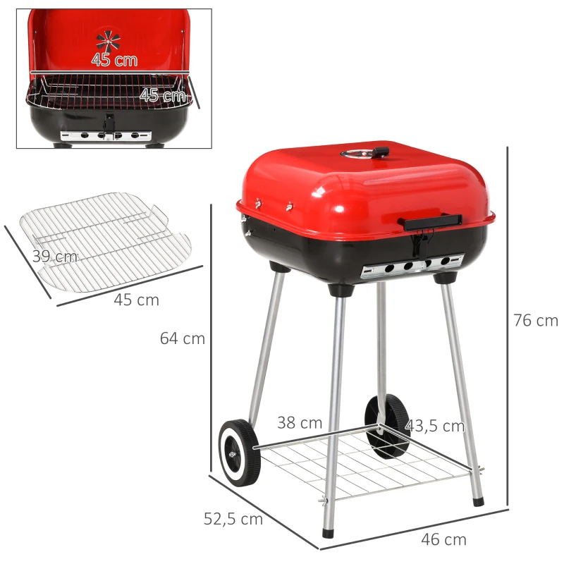 Outsunny grill węglowy grill na kółkach stojący z półką BBQ metal czerwony
