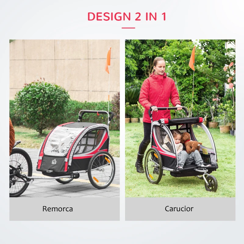 HOMCOM Remorca pentru bicicleta pentru copii 2 in 1, centura in 5 puncte, geanta de depozitare, reflector, steag, Rosu(m-4)