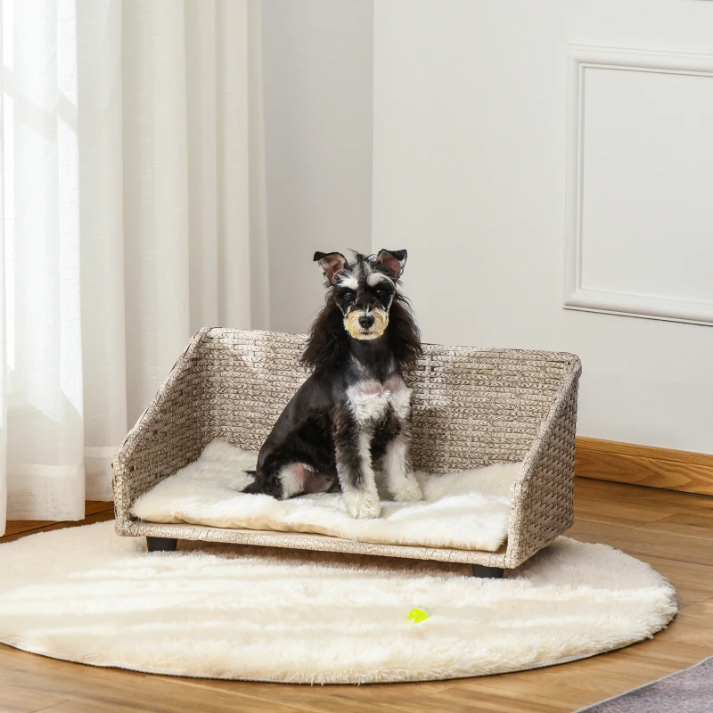 PawHut hondenmand met kussen vier voeten hondenmand gevlochten rotan stijl kattenmand hondenbank metaal polyester PE rotan lichtgrijs + wit 70,5 x 40 x 37,5 cm