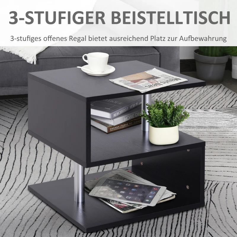 HOMCOM Beistelltisch Couchtisch Wohnzimmertisch Sofatisch Quadrater Kaffeetisch Nachttish mit Stauraum S-Form 3 Fach Spanplatte Stahl Schwarz 48 x 48 x 48 cm
