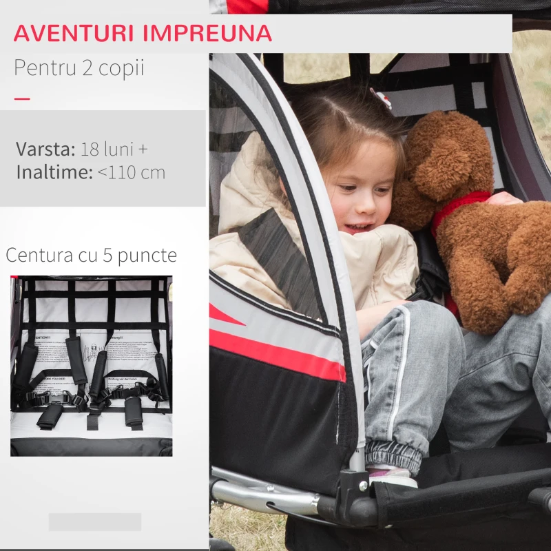 HOMCOM Remorca pentru bicicleta pentru copii 2 in 1, centura in 5 puncte, geanta de depozitare, reflector, steag, Rosu(m-6)