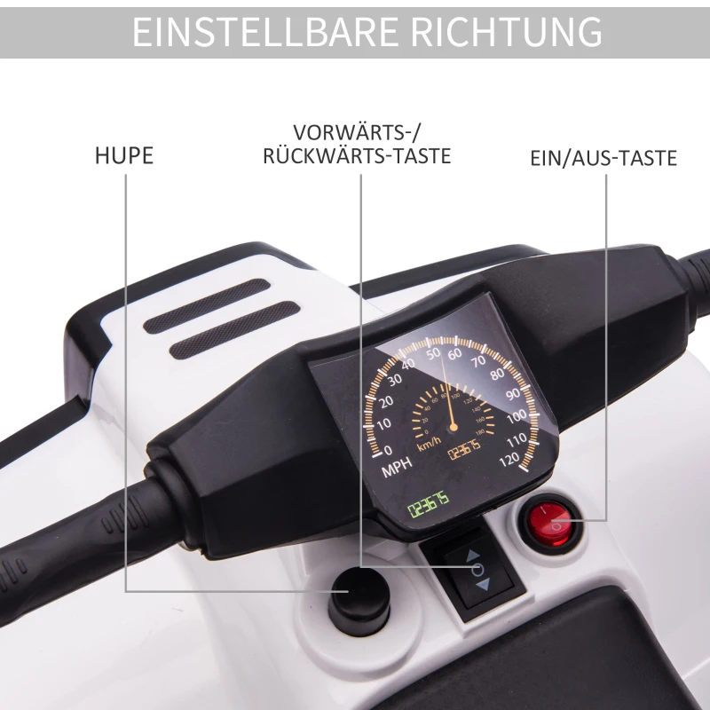 HOMCOM elektryczny quad dla dzieci ATV jeździk dla dzieci od 18 do 36 miesięcy elektryczny motocykl z 2 reflektorami elektryczny quad w kształcie standardowego pojazdu plażowego PP stal czarny + biały 65 x 40 x 43 cm