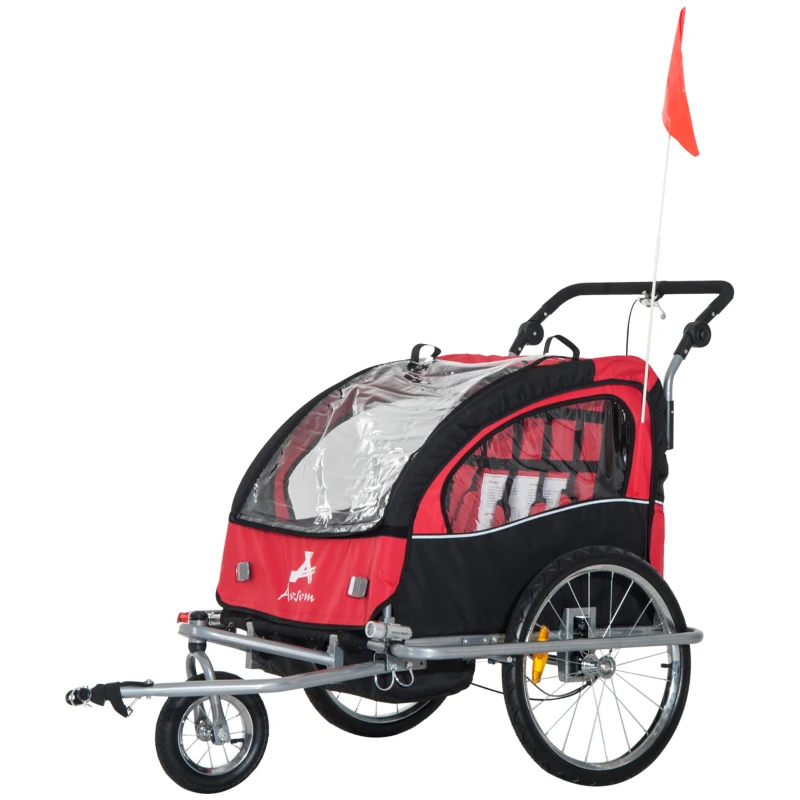 HOMCOM 2-in- kinderkar fietsaanhanger jogger fietskar 360° draaibaar rood-zwart