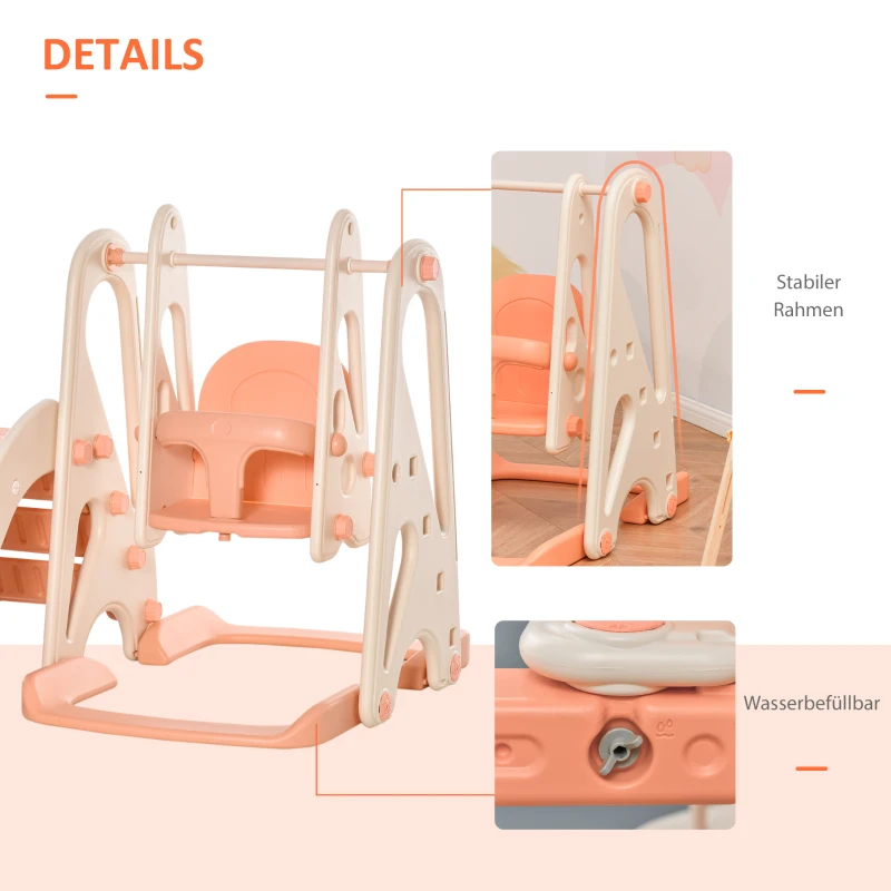 HOMCOM 3-in-1 kinderglijbaan kinderglijbaan met basketbalring, schommel, ladder speelgoedglijbaan tuinglijbaan babyglijbaan voor 18 maanden 5 jaar voor binnen en buiten veilig PE roze + beige 158x117x97 cm