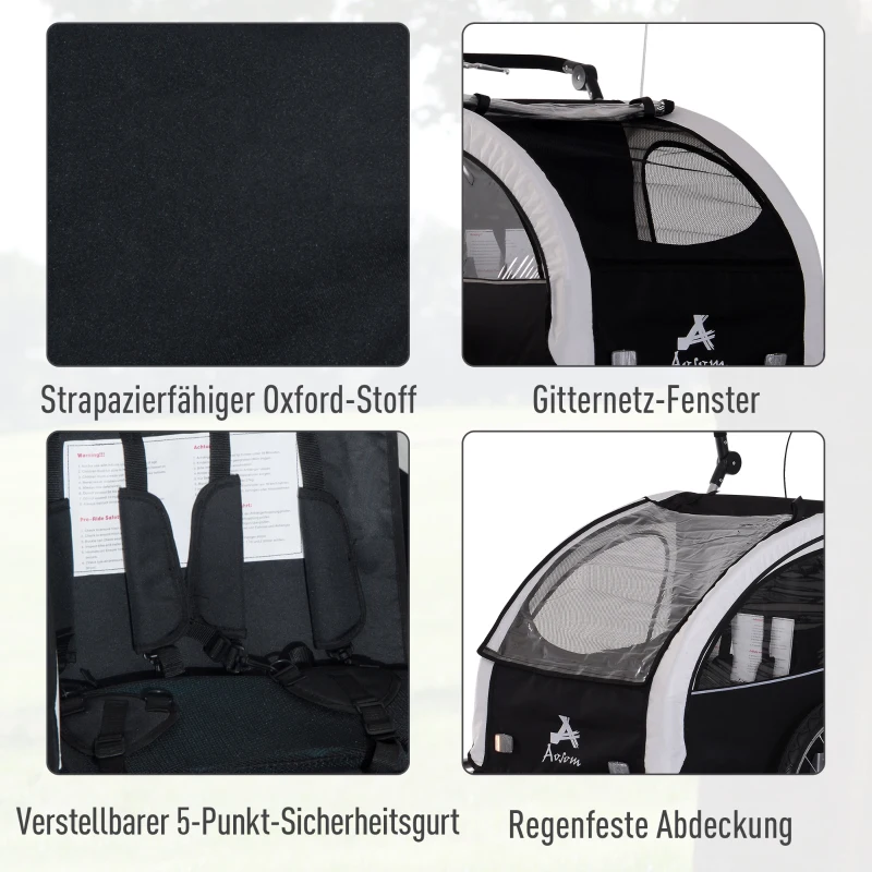 HOMCOM Kinderanhänger Fahrradanhänger Regenschutz atmungsaktiv Weiß+Schwarz Stahlrohr Oxford 155 x 88 x 108 cm
