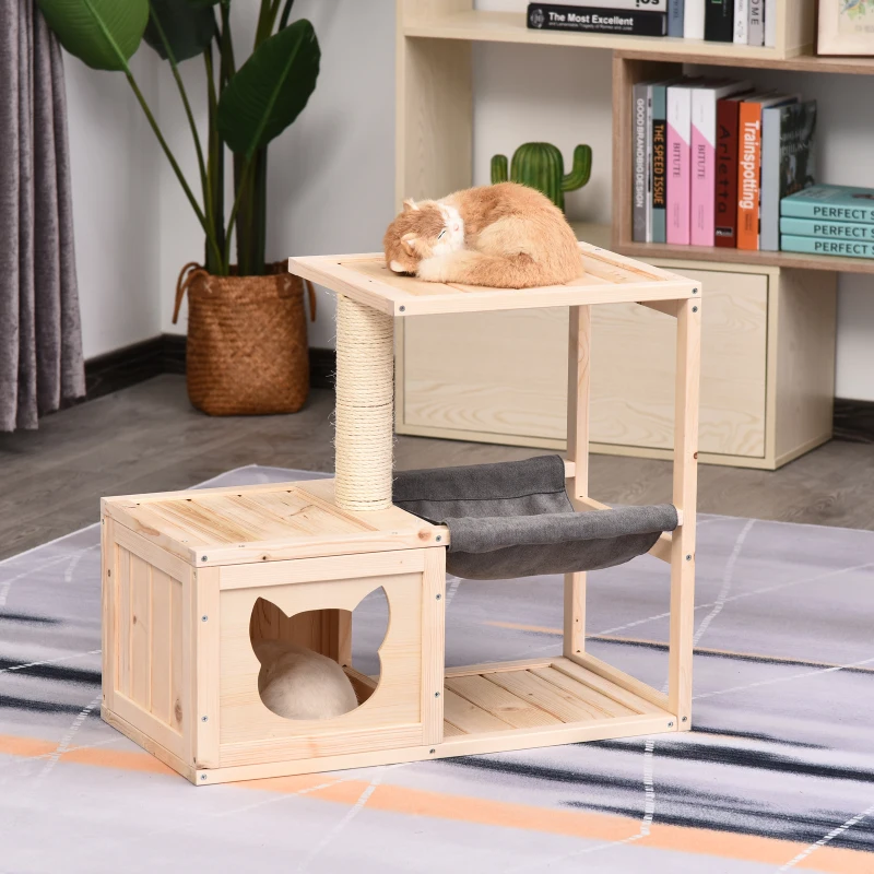 PawHut kattenhuis kattenbox kattenboom met hangmat sisal paal vurenhout naturel
