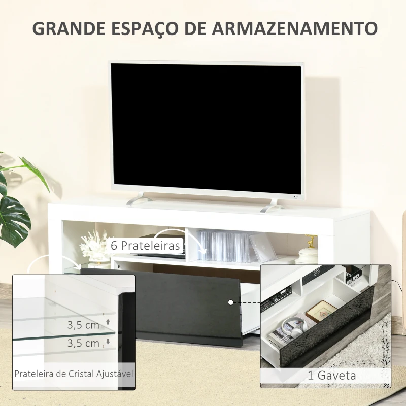 HOMCOM Móvel de TV para Sala de Estar com Iluminação LED 6 Modos de Cores Controle Remoto Gaveta e Prateleiras de Cristal Ajustáveis 140x35x52cm Preto e Branco Brilhante