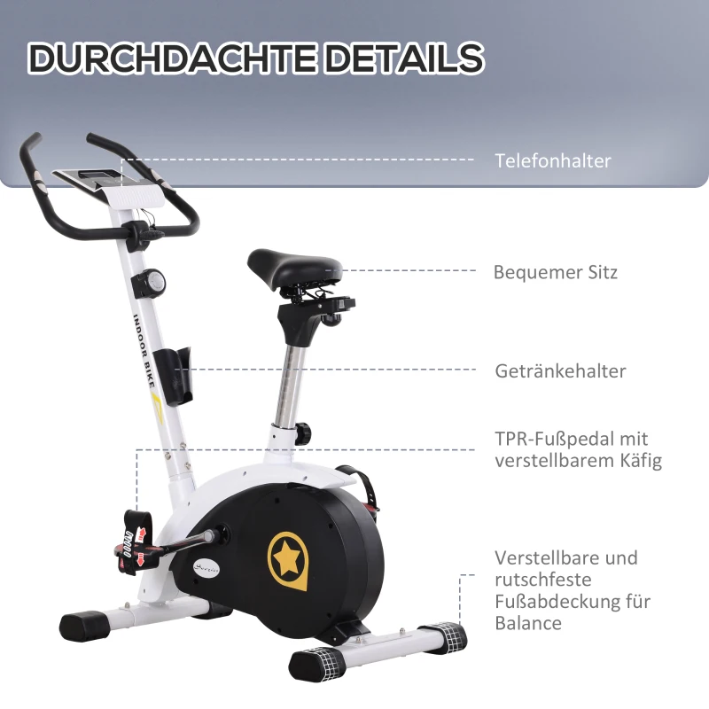 HOMCOM Heimtrainer, Fahrradtrainer, Trimmrad mit 8 stufig einstellbarem Magnetwiderstand, 4 kg Schwungrad, Stahl, Weiß, 50 x 101 x 120 cm