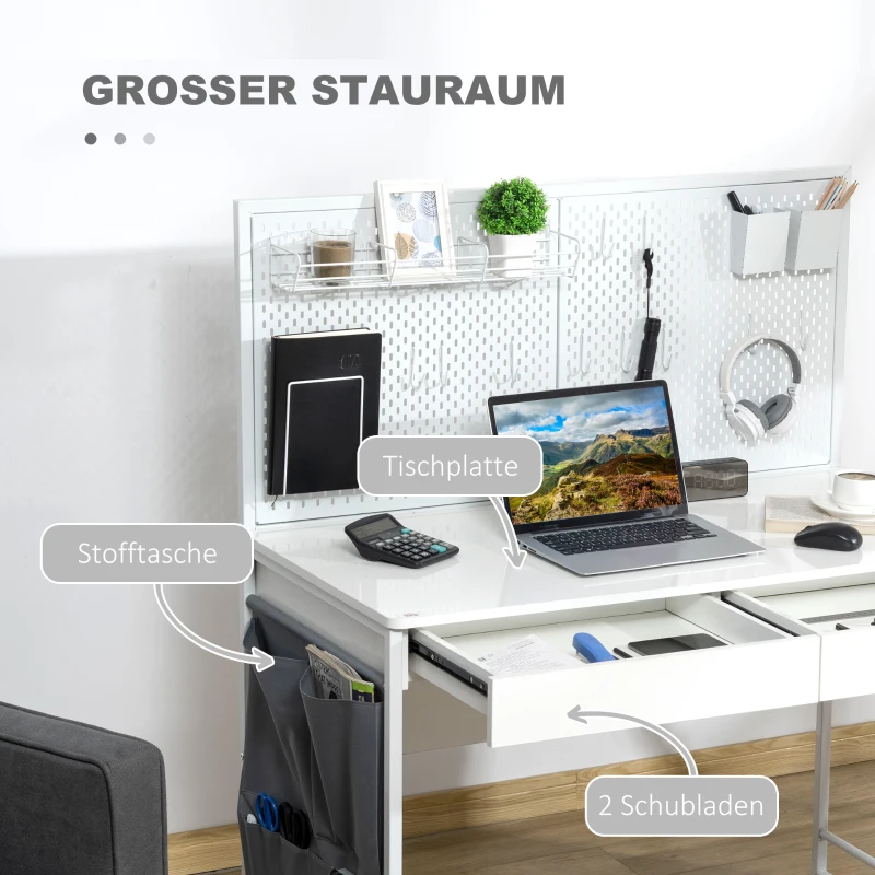 HOMCOM Computertisch mit 2 Schubladen, inkl. Notizgitter, 10 Haken, 1 Seitentasche, Weiß + Grau