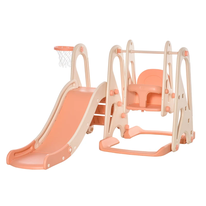 HOMCOM 3-in-1 kinderglijbaan kinderglijbaan met basketbalring, schommel, ladder speelgoedglijbaan tuinglijbaan babyglijbaan voor 18 maanden 5 jaar voor binnen en buiten veilig PE roze + beige 158x117x97 cm