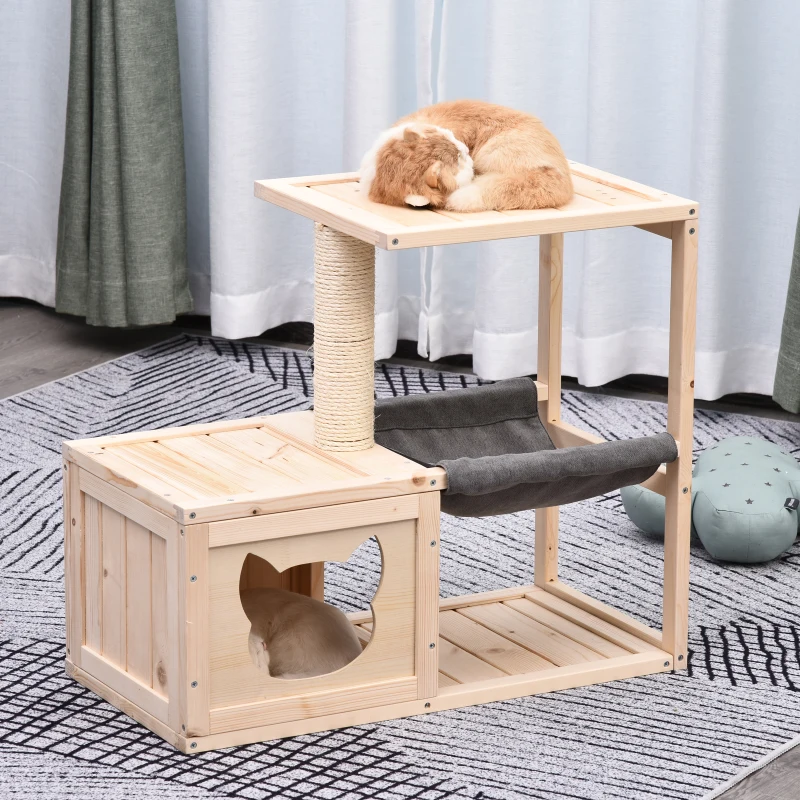 PawHut kattenhuis kattenbox kattenboom met hangmat sisal paal vurenhout naturel