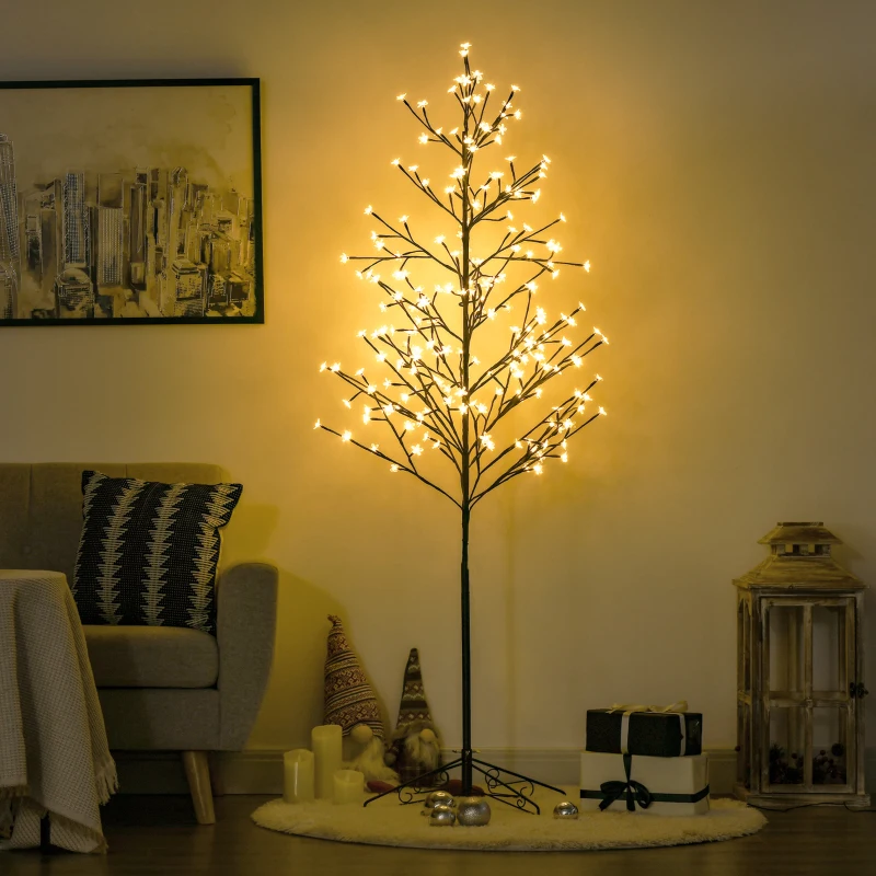 HOMCOM 6ft Artificial Cherry Tree Light with Plug In 180 Warm White Pre-Lit LED light for Indoor and Covered Outdoor Use