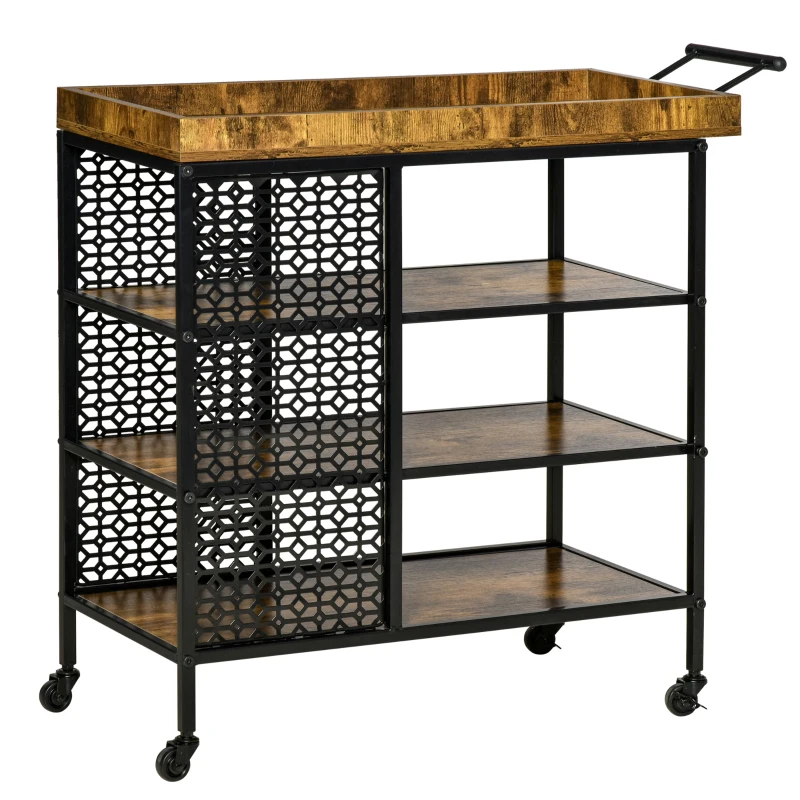 HOMCOM Desserte de Cuisine - Chariot de Service 3 étagères de rangement et Plateau à Rebord - châssis métal Noir avec parois ajourées et poignée - Aspect Bois Rustique