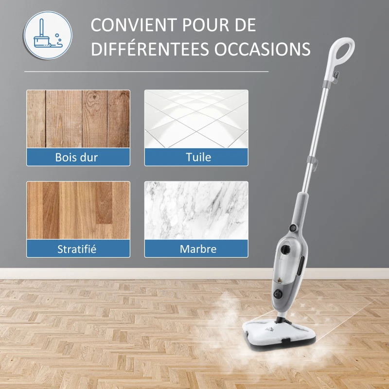 HOMCOM Balai vapeur nettoyeur vapeur à main puissance 1300 W 450 ml adapté à toutes les surfaces et les tapis 11 accessoires inclus 99,9% des bactéries et germes tués sans produit chimique blanc gris
