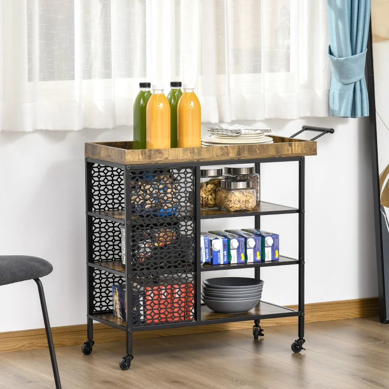 HOMCOM Desserte de Cuisine - Chariot de Service 3 étagères de rangement et Plateau à Rebord - châssis métal Noir avec parois ajourées et poignée - Aspect Bois Rustique